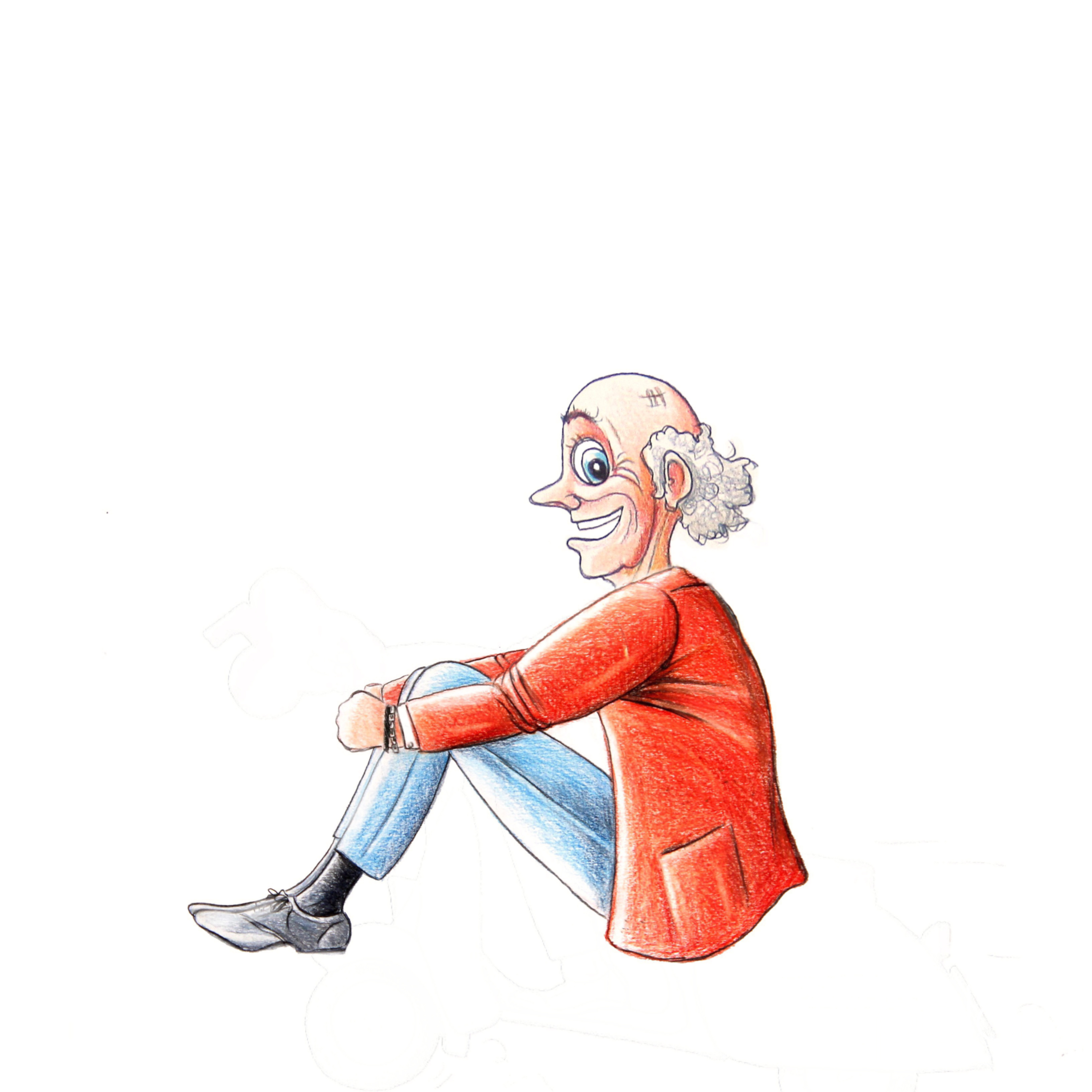 Gert de Goede tekening illustratie illustrator tekenaar vrolijk oude man zittend colbert rood brutaal