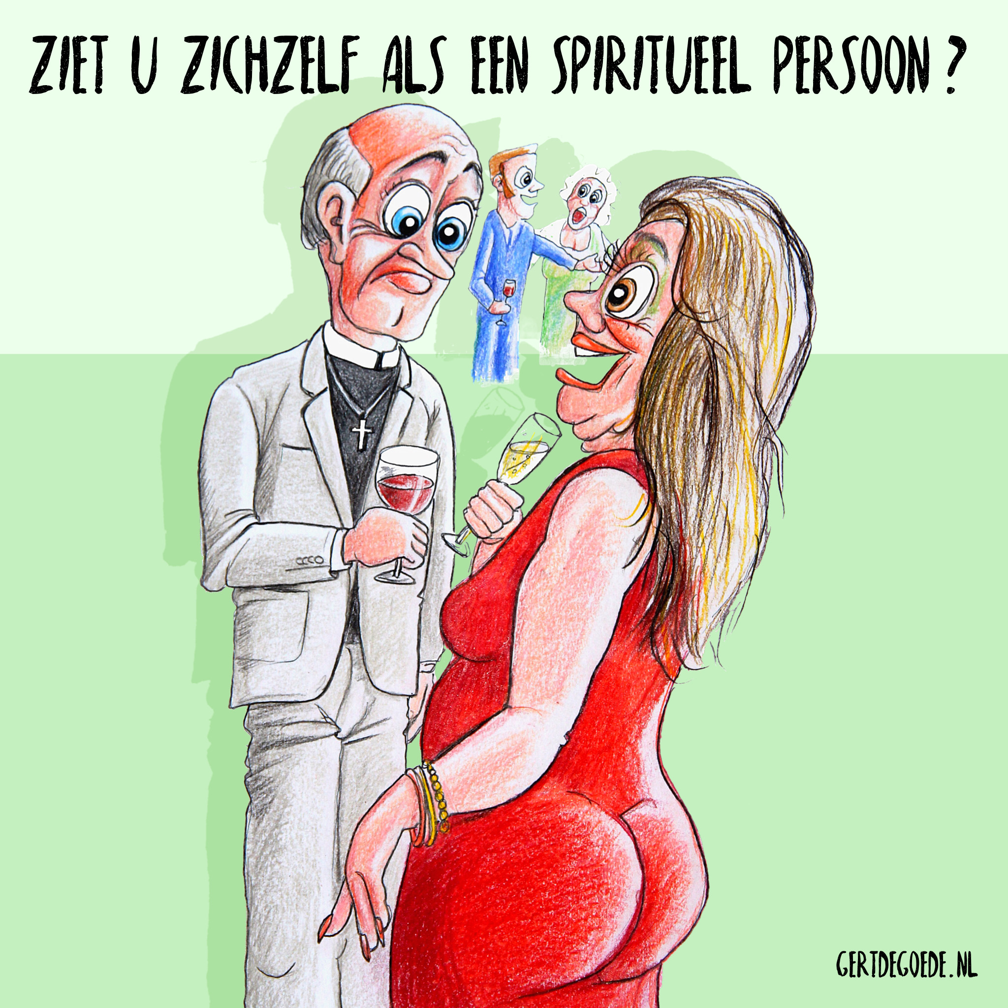 spiritueel persoon priester anglicaans champagne wijn priesterboordje cartoon comic