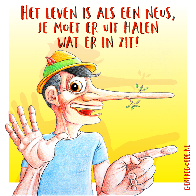 Cartoon Gert de Goede Udens Weekblad grappig gag humor moppen mopje Uden Noord Brabant Maashorst gemeente lol neus Pinokio uithalen 