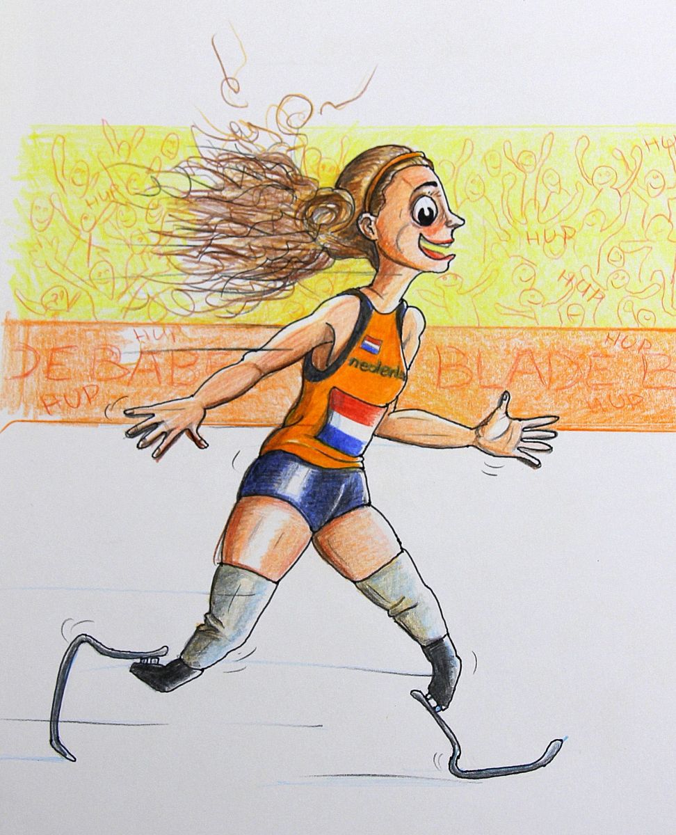 Marlou van Rhijn rennen hardlopen 200 meter runnin rennen run fast blade blade babe handicapped gehandicapt disabled behindert Gert de Goede tekening illustratie zeichnung drawing illustration sport paralympics olympics Rio brazil de janeiro