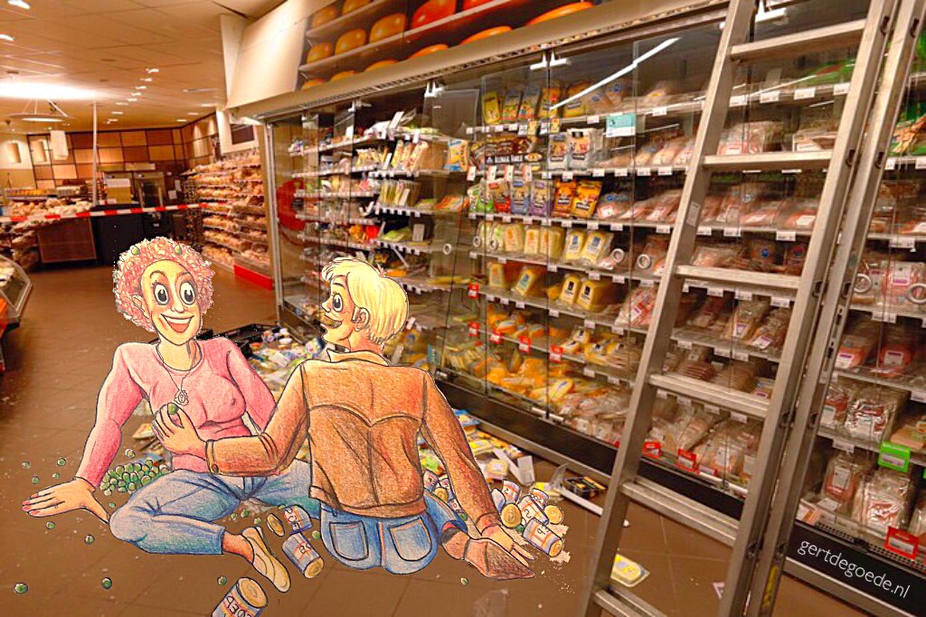 supermarkt winkel ongeluk rommel gert de goede illustrator illustraties illustration illustrazione illustrate happy froh blij vrolijk kleurrijk 